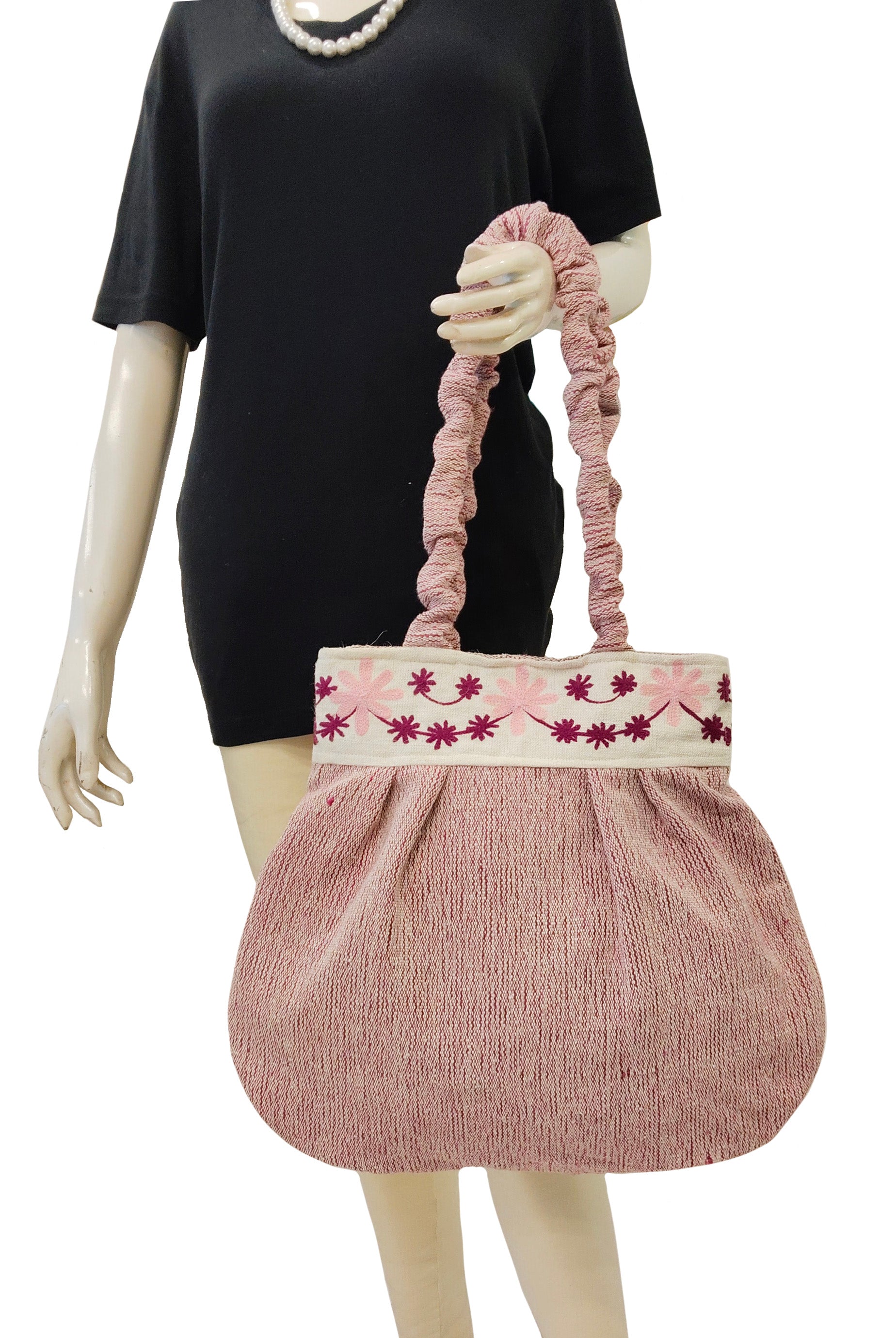 Petal Blush Red Embroidered Handloom Tote