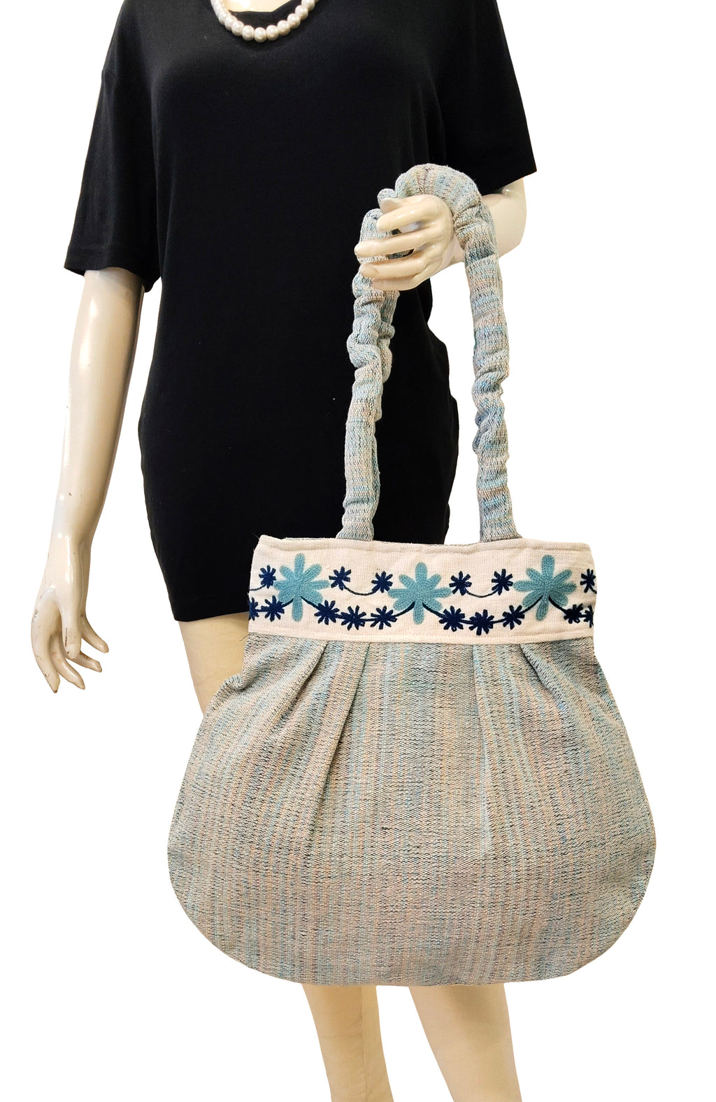 Petal Blues Embroidered Handloom Tote