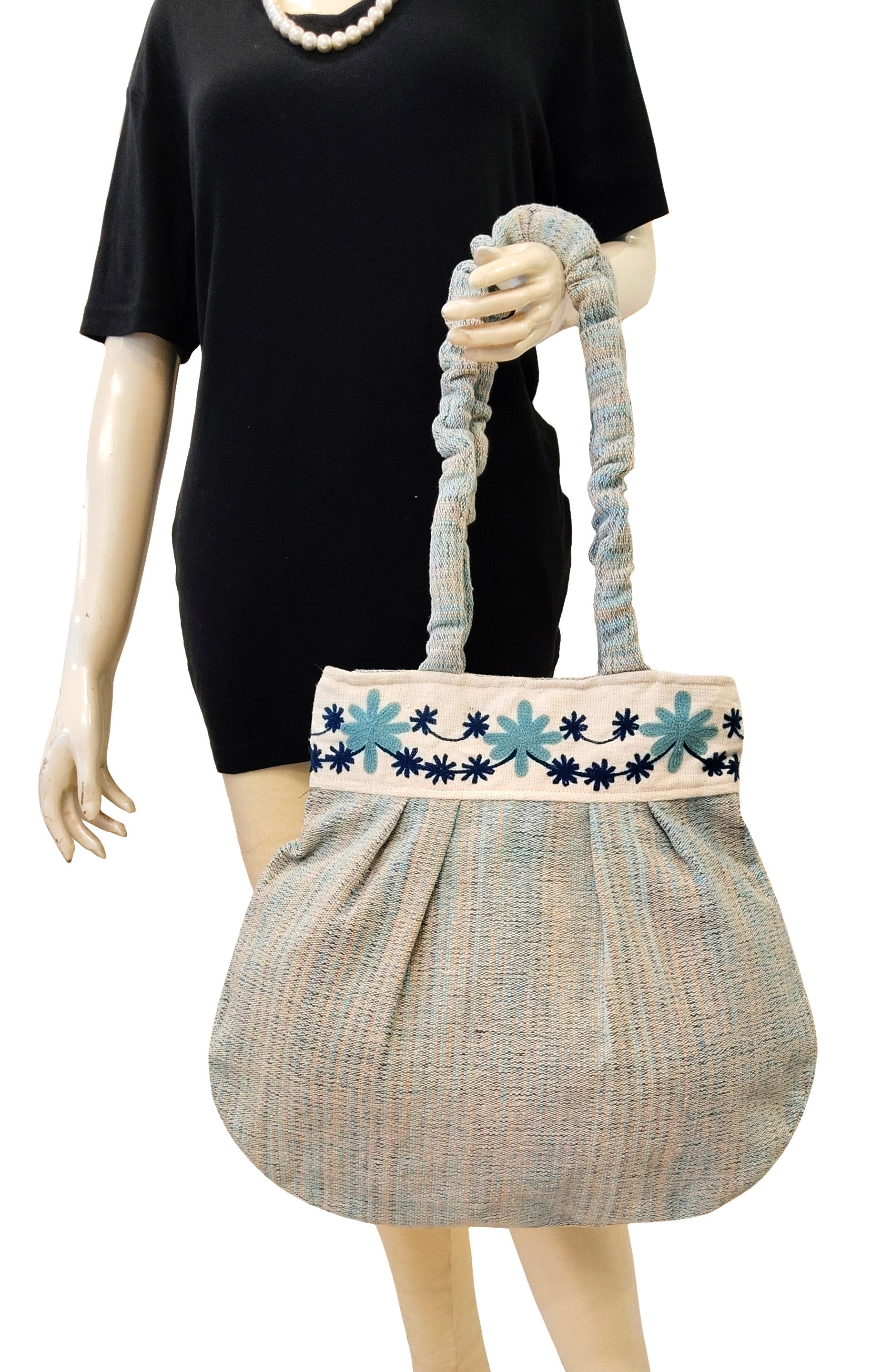 Petal Blues Embroidered Handloom Tote