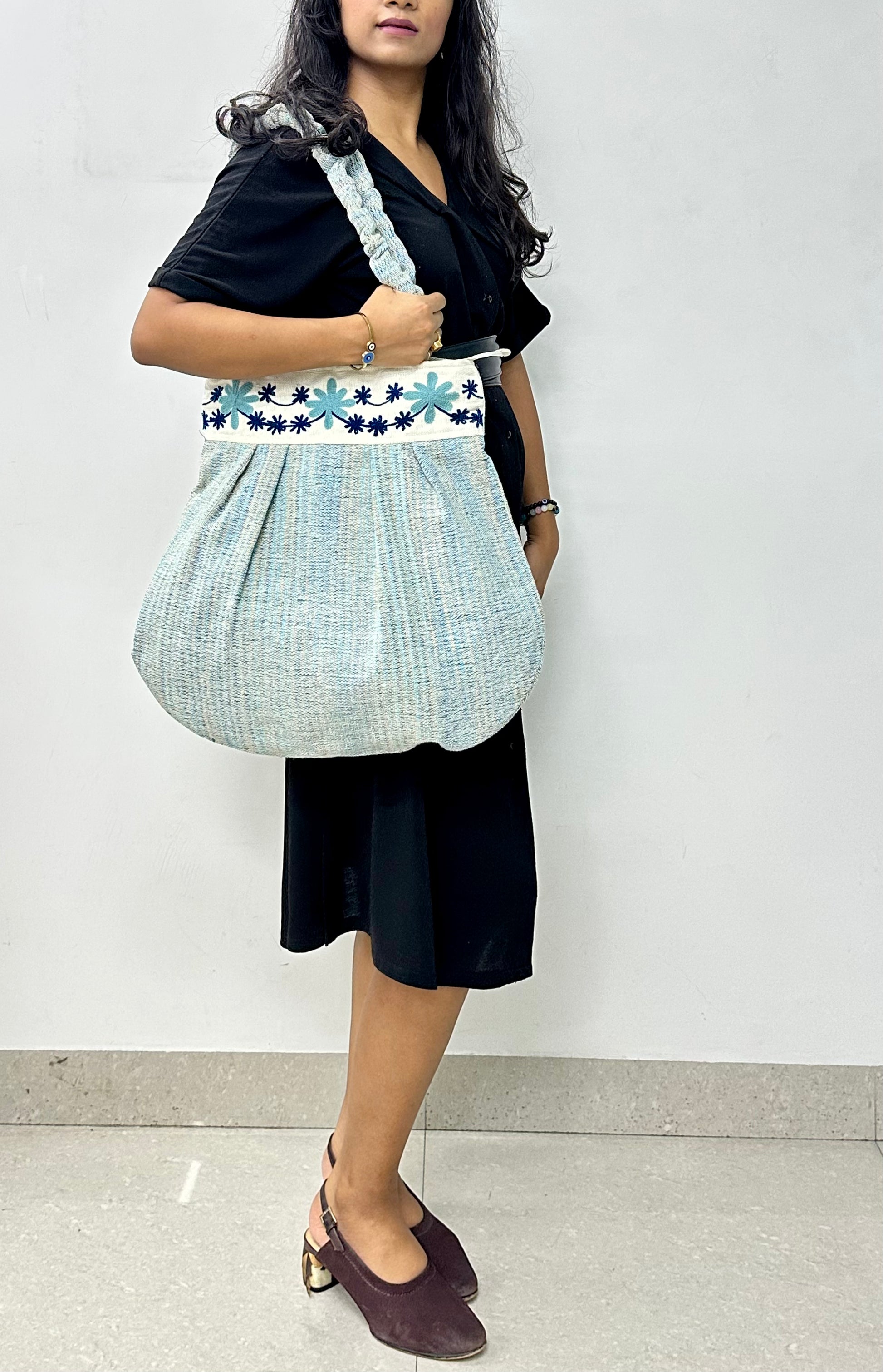 Petal Blues Embroidered Handloom Tote