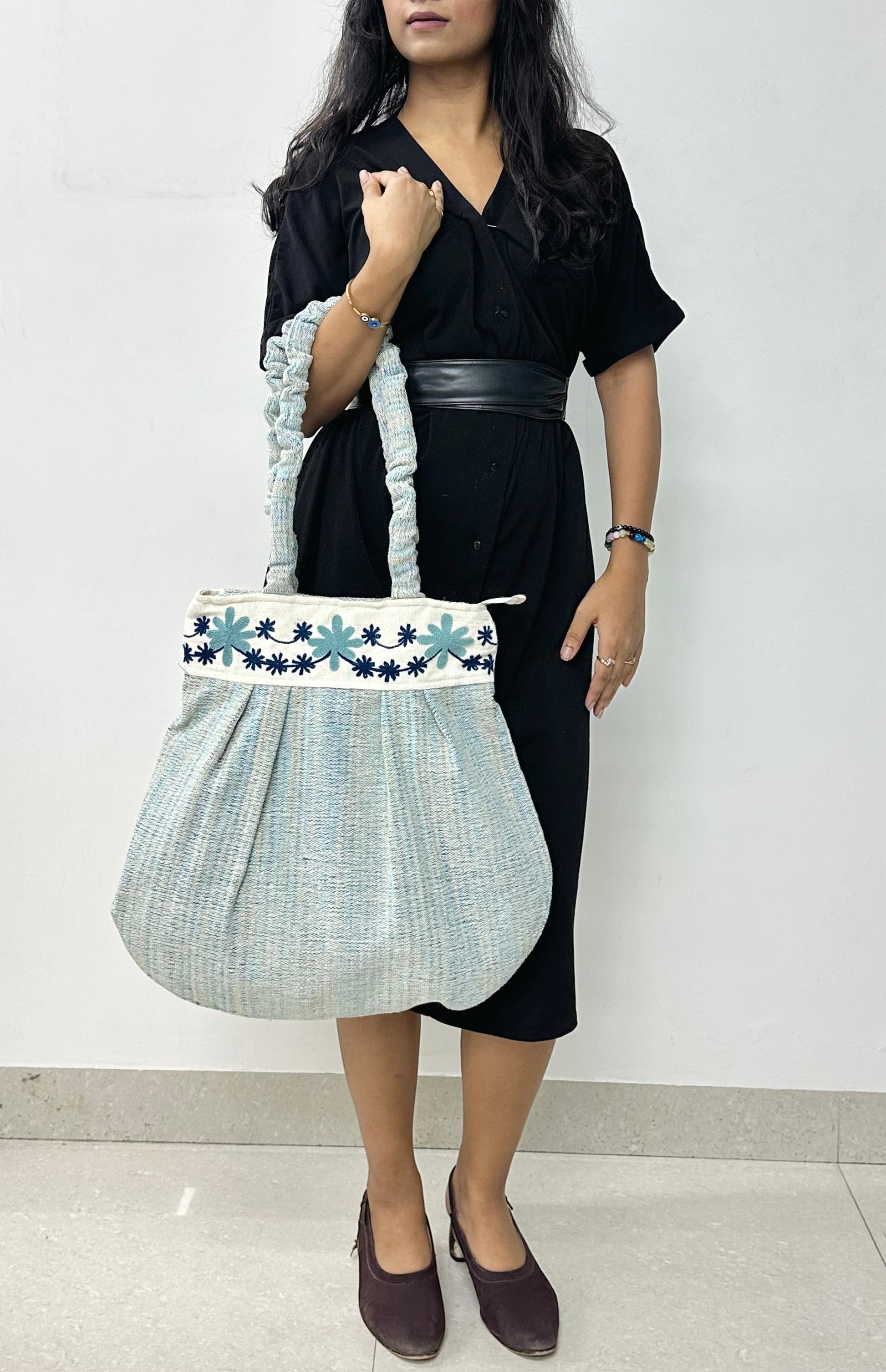 Petal Blues Embroidered Handloom Tote