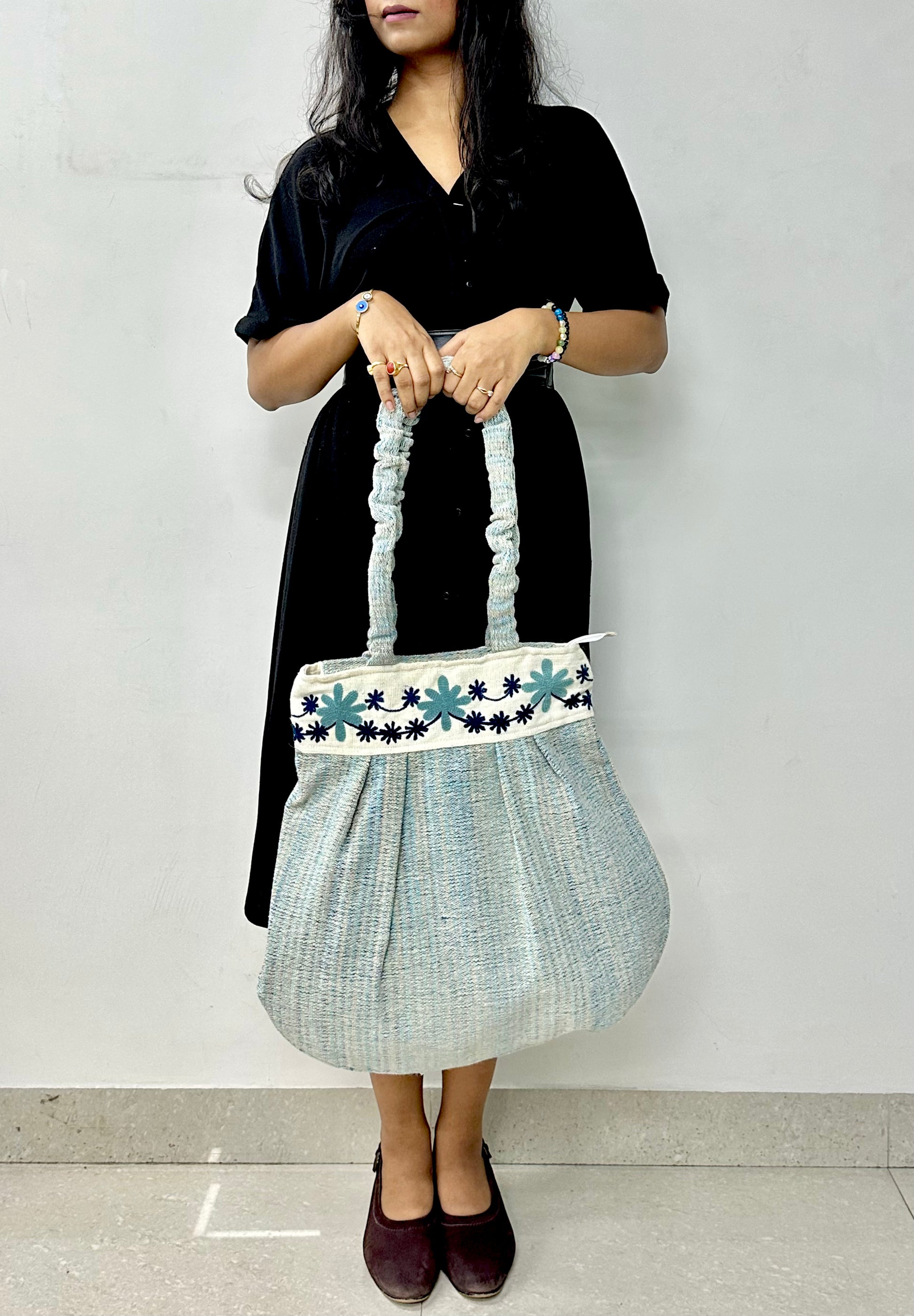Petal Blues Embroidered Handloom Tote