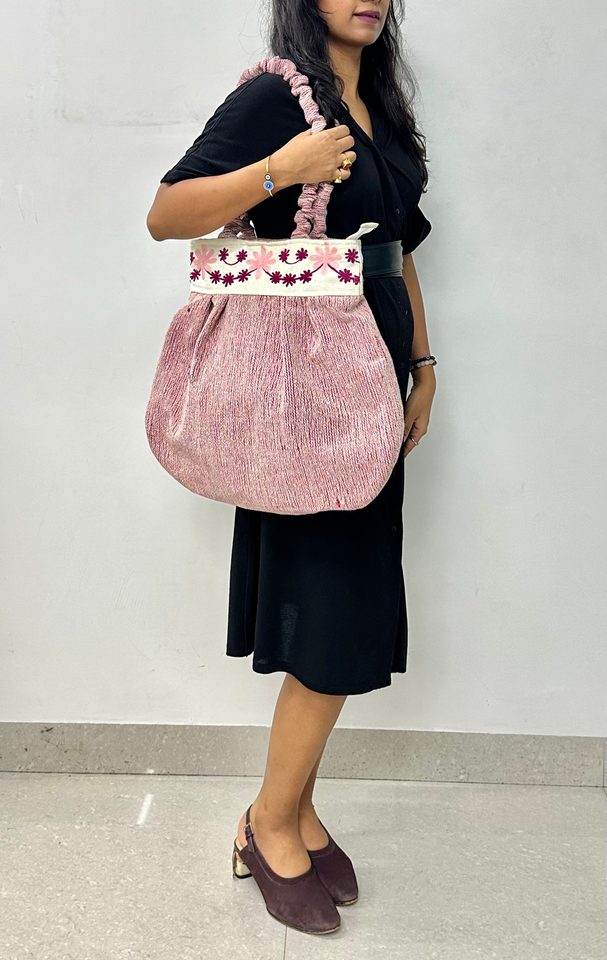 Petal Blush Red Embroidered Handloom Tote