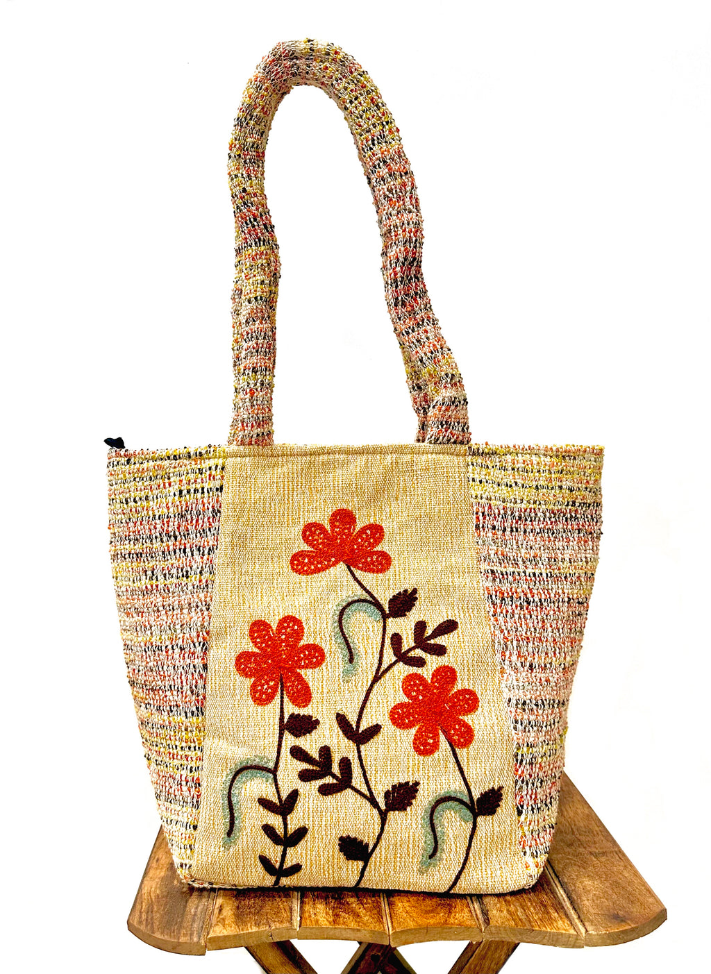 Artisan Woven Tote with Red Floral Embroidery – Mustard Multi-Tone