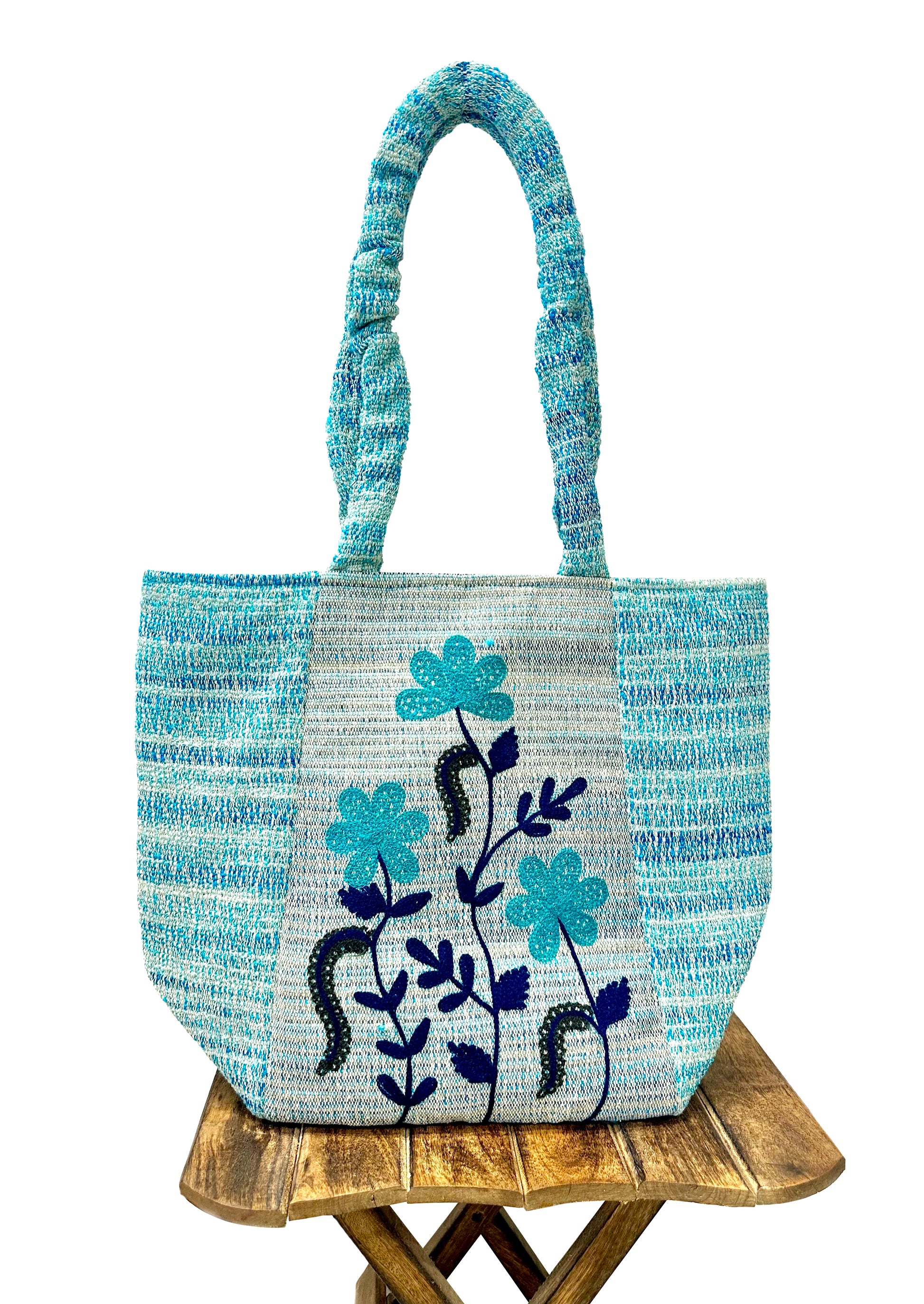 Handloom Embroidered Cotton Tote Bag – Aqua Bloom Floral Design