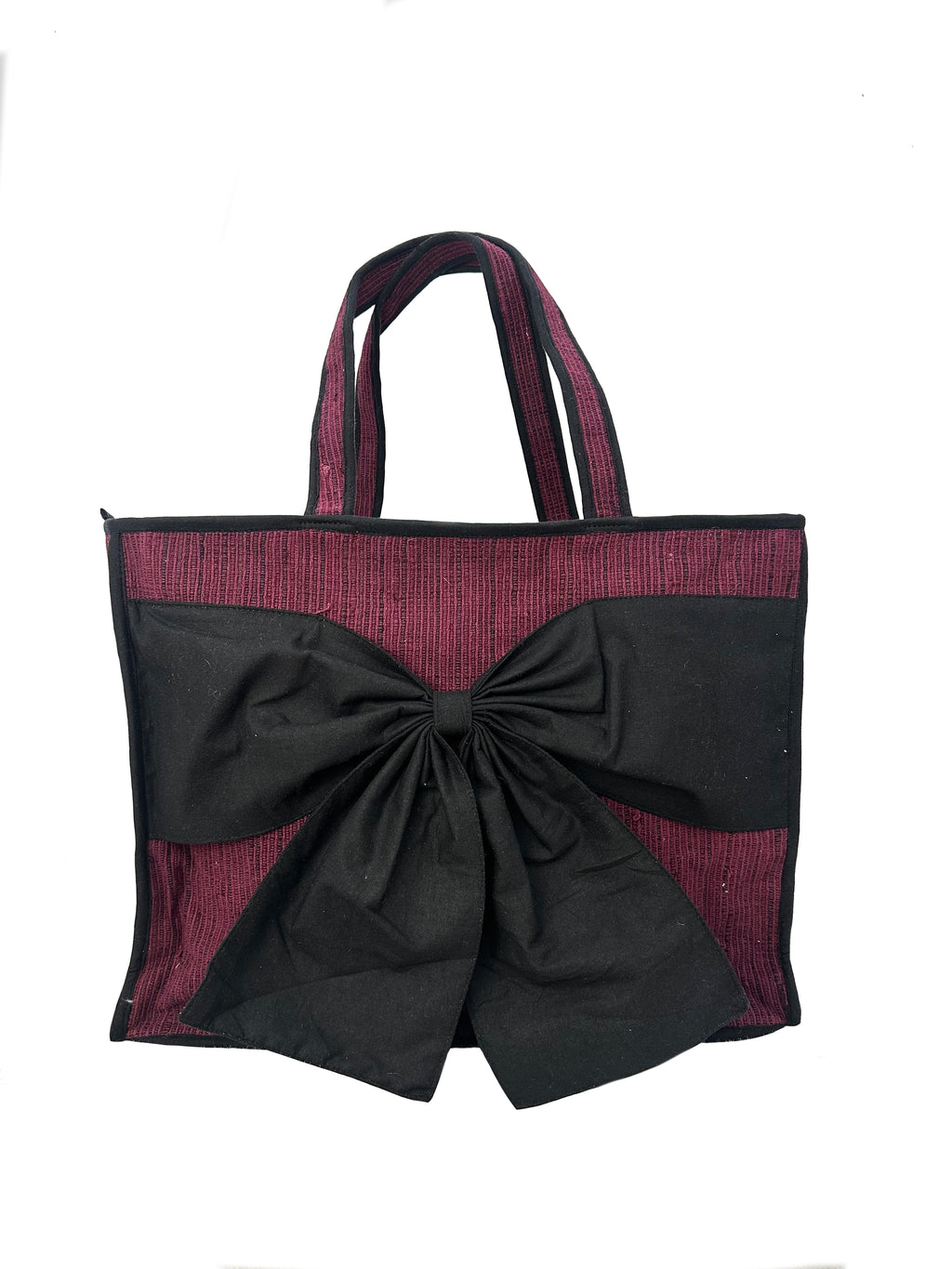 Elegant Handloom Large Travel and Everyday Tote Bag with Bow Detail – Deep Wine