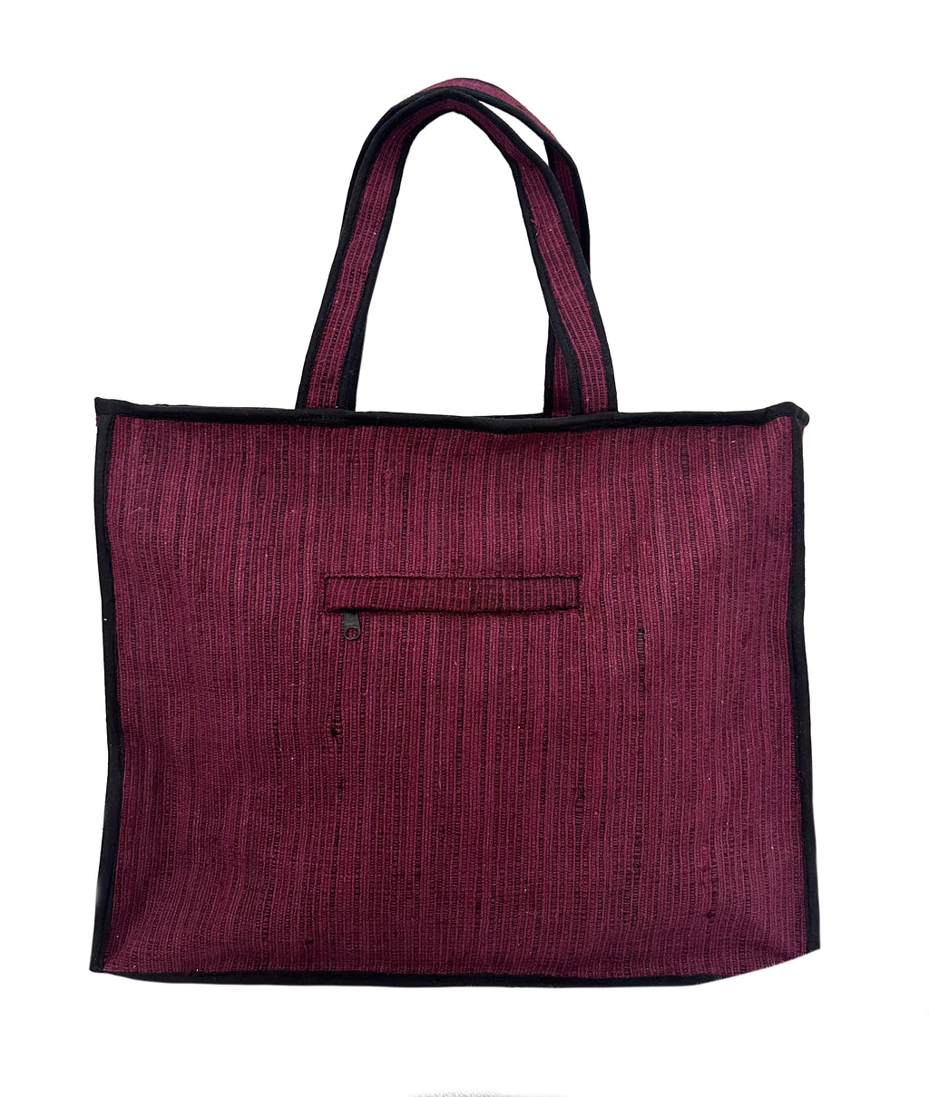 Elegant Handloom Large Travel and Everyday Tote Bag with Bow Detail – Deep Wine