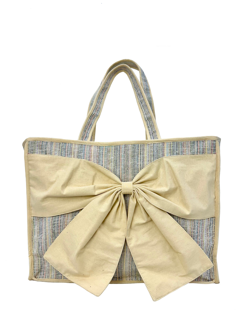 Elegant Handloom Large Travel and Everyday Tote Bag with Bow Detail –Beige