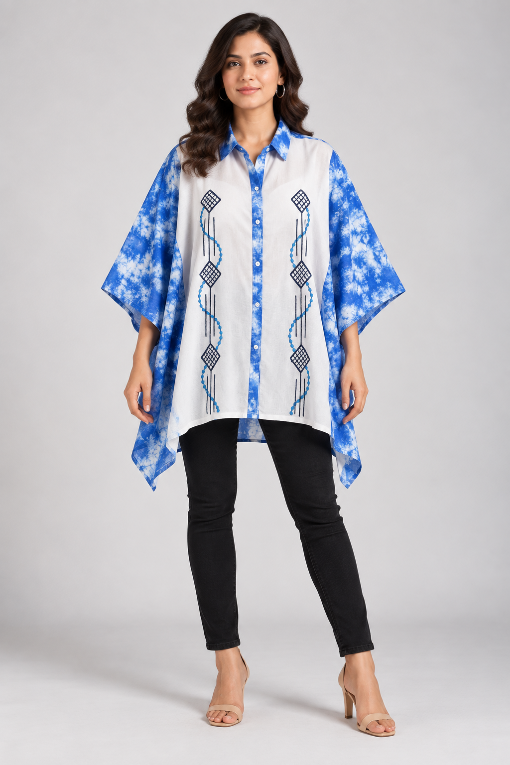 Indigo Garden Hand Tie-Dye & Embroidered Cotton Kaftan Shirt