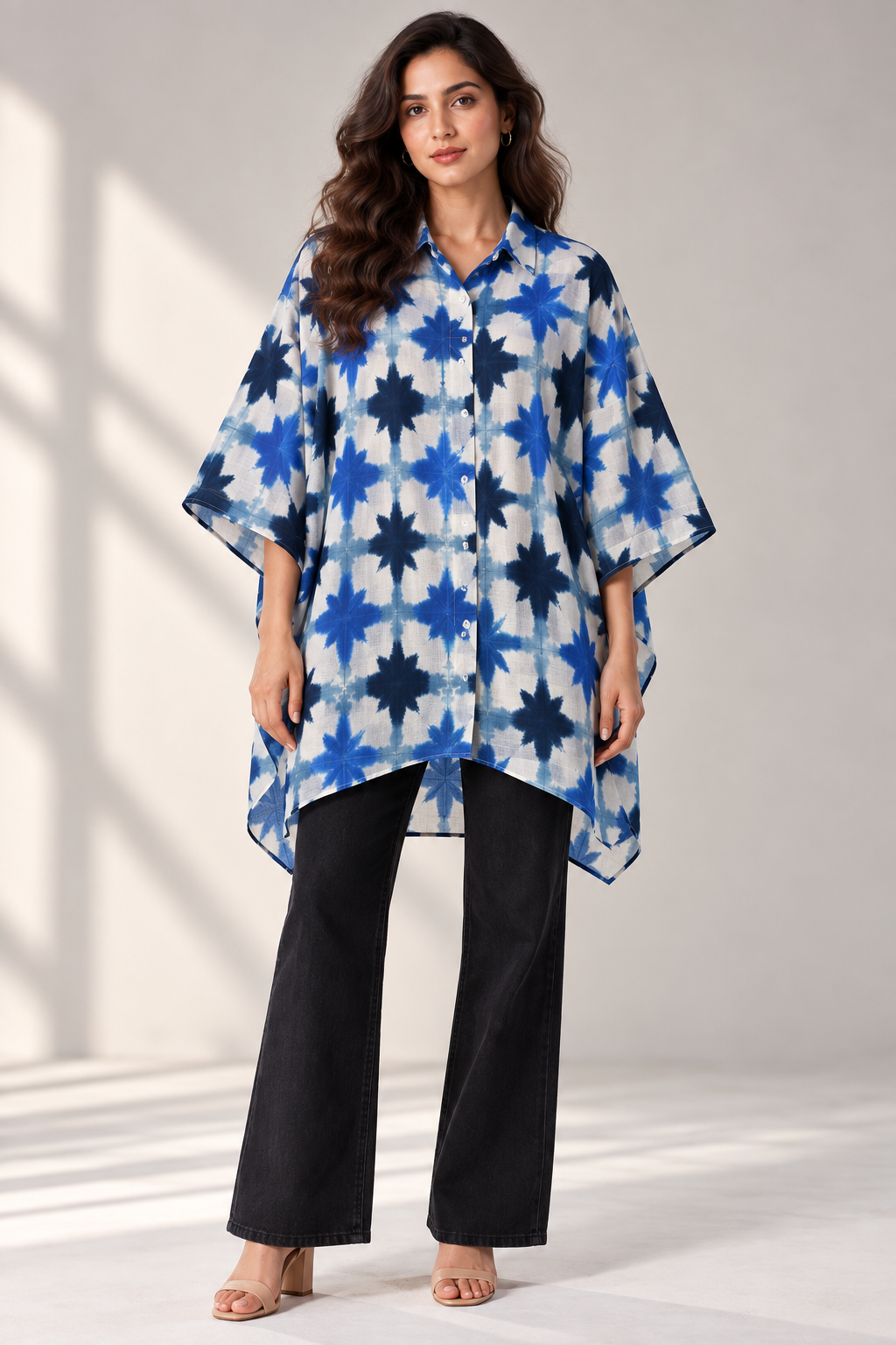 Indigo Bomb Hand Tie-Dye Cotton KAFTAN Shirt