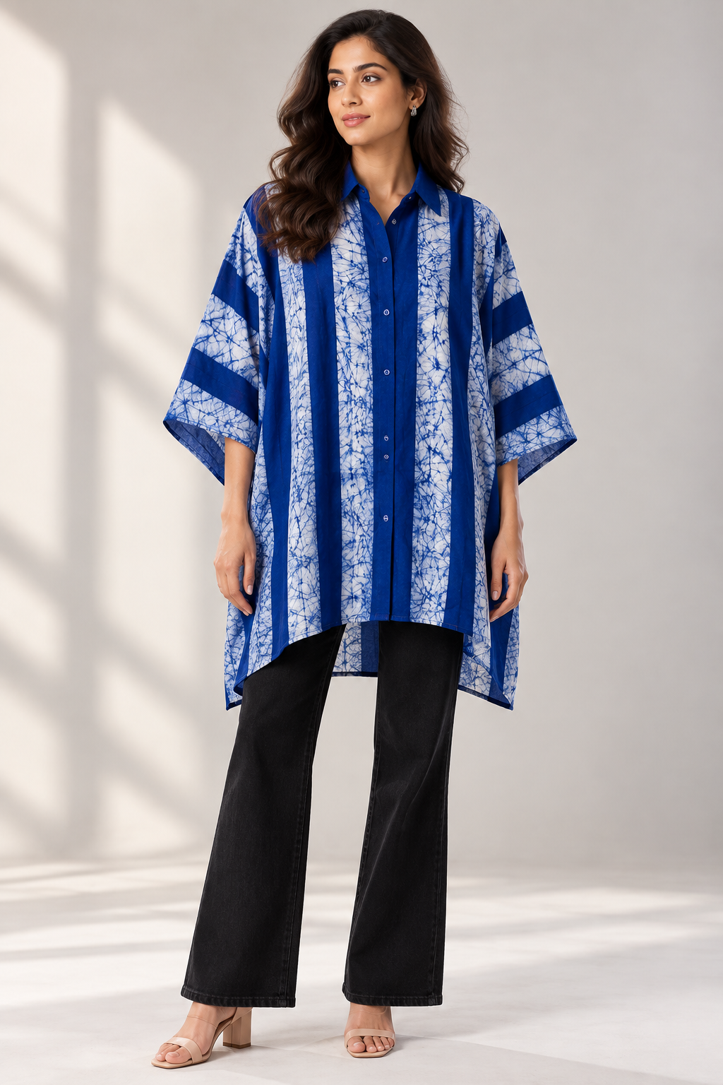 COBALT Vine Hand Tie-Dye Cotton Kaftan Shirt