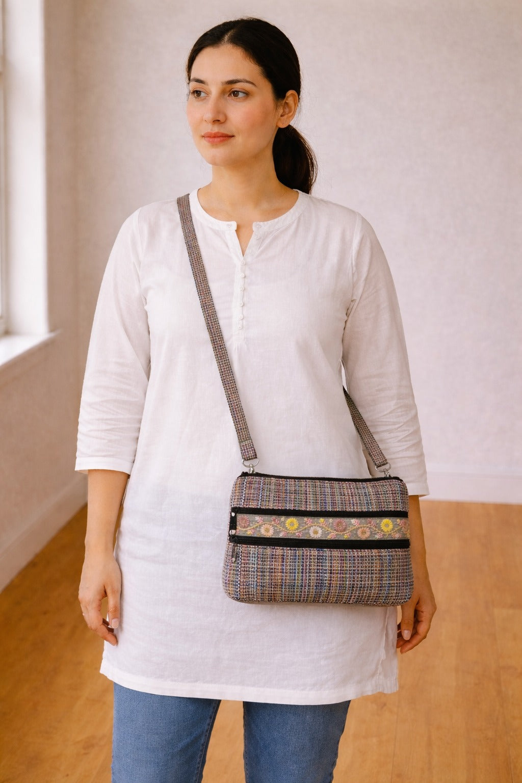 Tweed Multi-Zip Sling Bag with White Embroidered Detail
