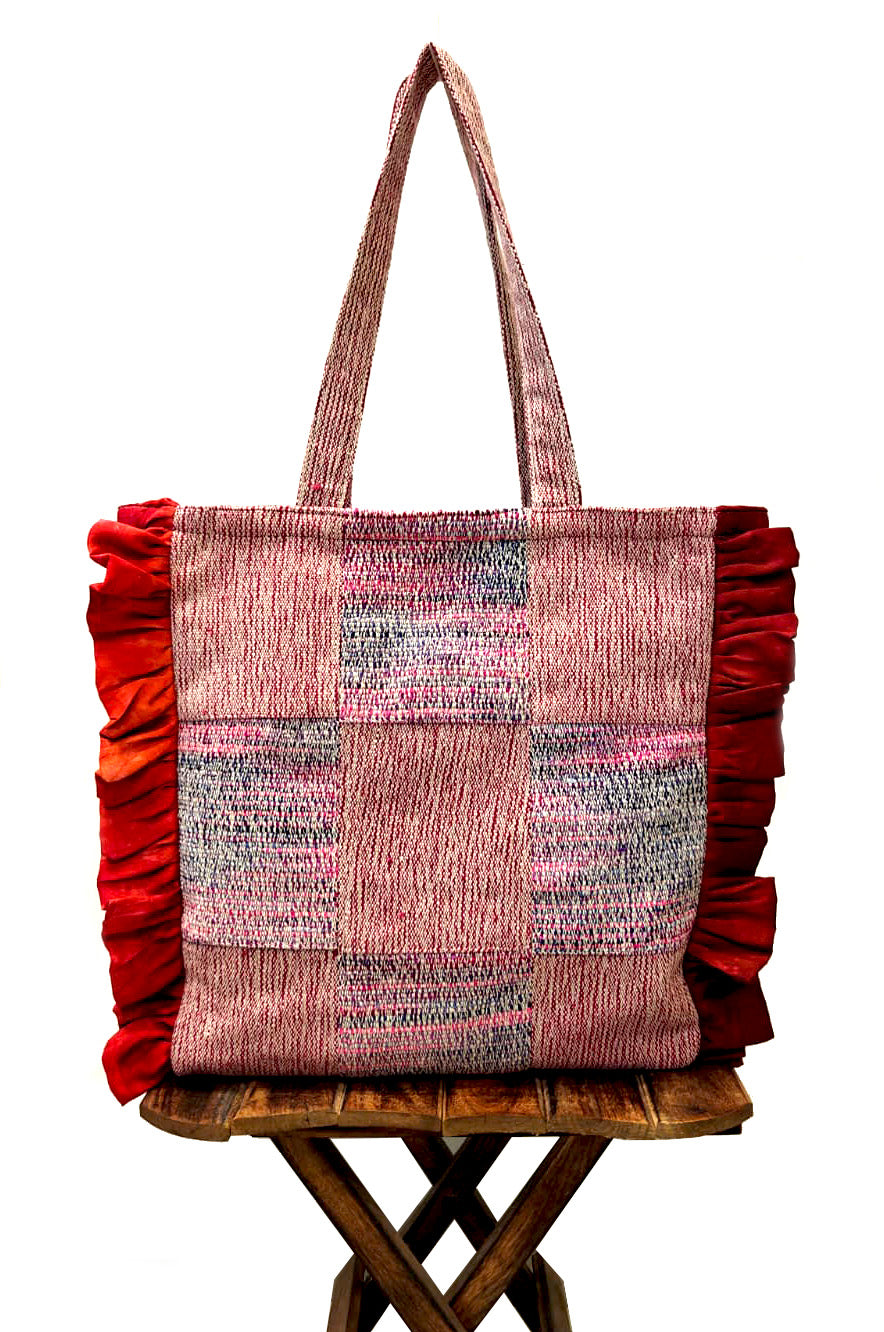 Crimson Ruffle Patchwork Tote Bag